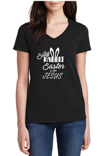 Womens V-neck Silly Rabbit Easter Is For Jesus Shirt Funny Christian Graphic Tee - Picture 3 of 3
