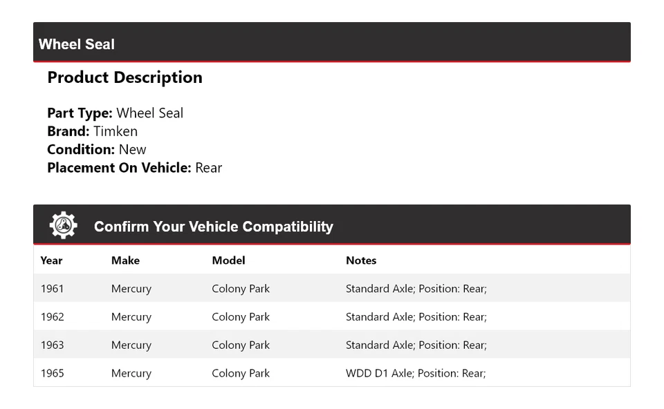 Para 1961-1963, 1965 Mercury Colony sello de rueda de estacionamiento trasero Timken Foto 2 de 4