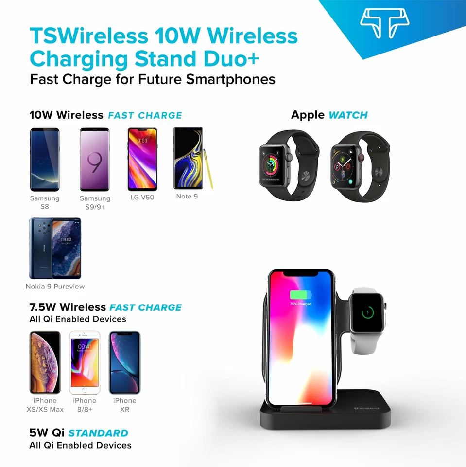Techsmarter Wireless Charging Station Dock for iPhone, Apple Watch + USB-A Port - Image 2 of 4