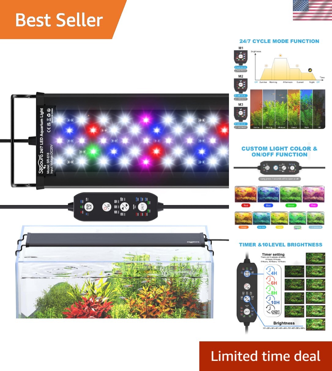 24/7 Mode LED Aquarium Light for Plants-Full Spectrum Fish Tank Light with Ti...