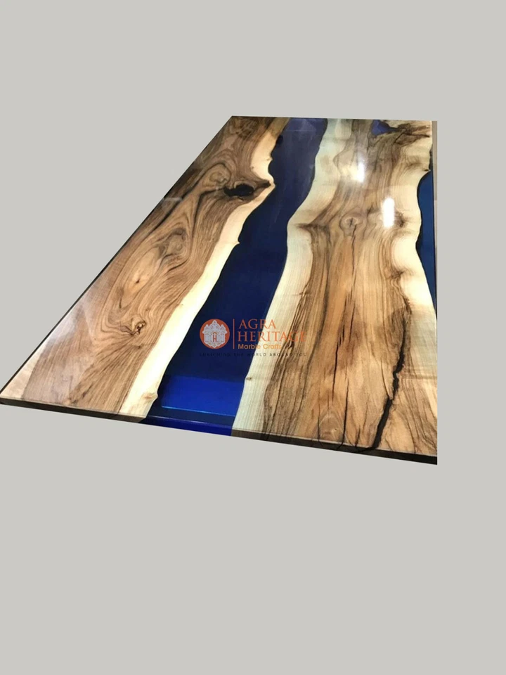 Deep Blue Resin River Acacia Wooden Sofa Center Dining Table Top Furniture Decor - Image 4 of 4