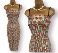 Karen Millen Strapless Cotton Striped Floral Wiggle Pencil Occasion Dress UK 12