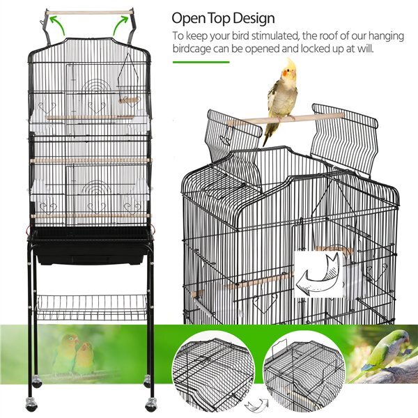 64" Large Metal Rolling Bird Cage with Open Play Top, Black