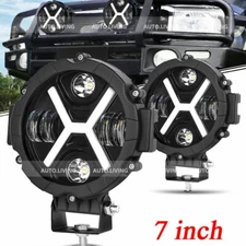 Pair 7" Round LED Pods Driving Light Bar DRL Work Light Flood Spot SUV Offroad