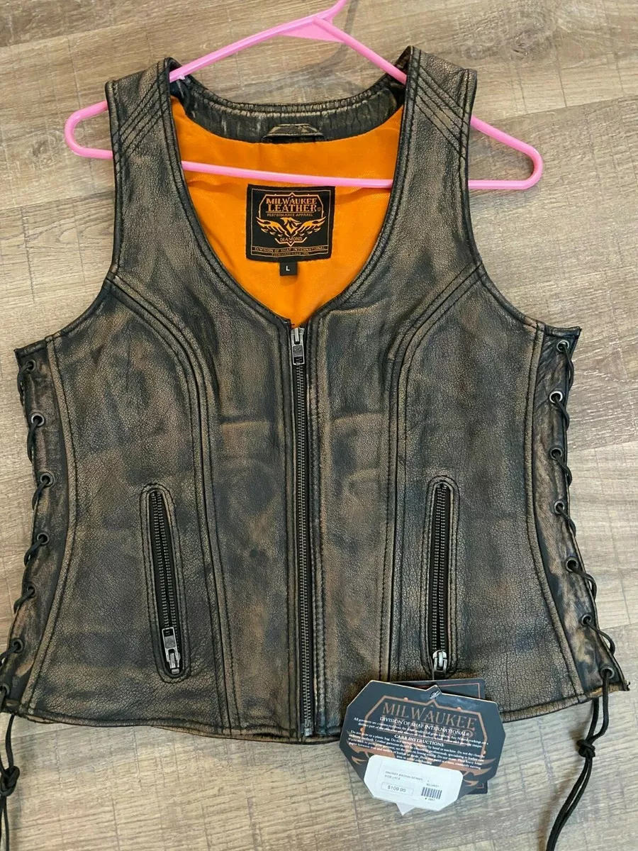 Milwaukee Leather Women s Distressed Brown Leather Vest w Side Laces MLL4531 L