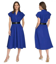 NWT CALVIN KLEIN V-Neck Belted Midi Dress Short Sleeve Size 6 Ultramarine