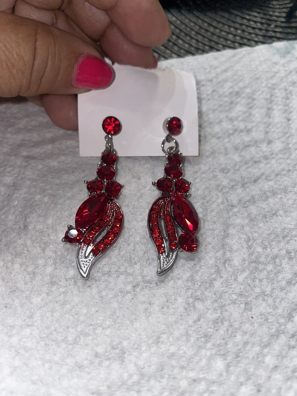 Earrings, Silver Tone Red, Rhinestone Dangle Earr… - image 3