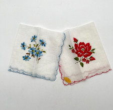 Two Vintage Handkerchief White Red  White Blue Embroidered Floral Ruffle Edge
