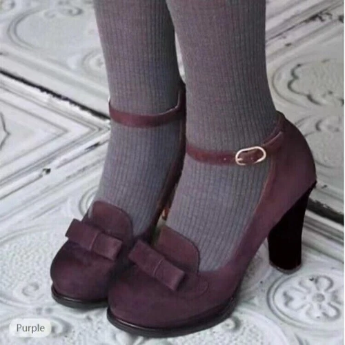 Round Toe Mary Jane Women's Fashion Block Heel Ankle Strap Shoes Lolita Bow Pump - Picture 7 of 22