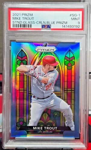 2021 PANINI PRIZM STAINED GLASS | CAROLINA BLUE PRIZM MIKE TROUT SG-1 PSA 9