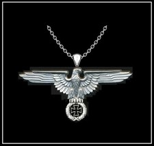 GERMAN EAGLE w/ IRON CROSS Necklace - 2 3/4" Wide Silver Steel - 24" Chain