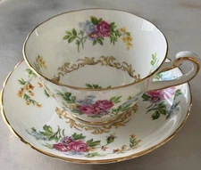 Royal Chelsea Floral Teacup Saucer English Bone China Gold Trim Made in England