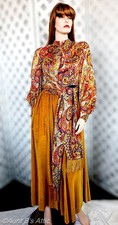 Vintage 60s-70's Gd Velvet Multi Satin Paisley Print Palazzo Leg Jumpsuit S/M