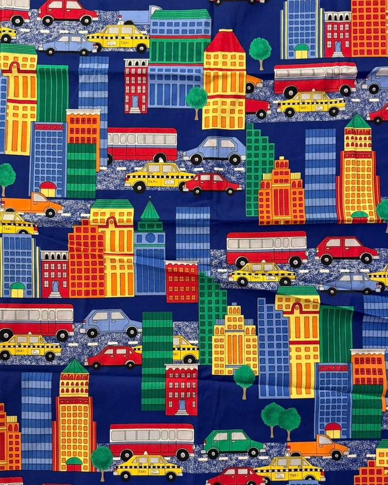 Fabric Traditions Vintage 2000 Fabric City Buildings Cars Kids Colorful 60 x 44” - Image 2 of 3