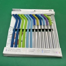 #N68- SET OF 12 (6) Stainless Straws w/ Silicone Tips (6) Silicone Straws
