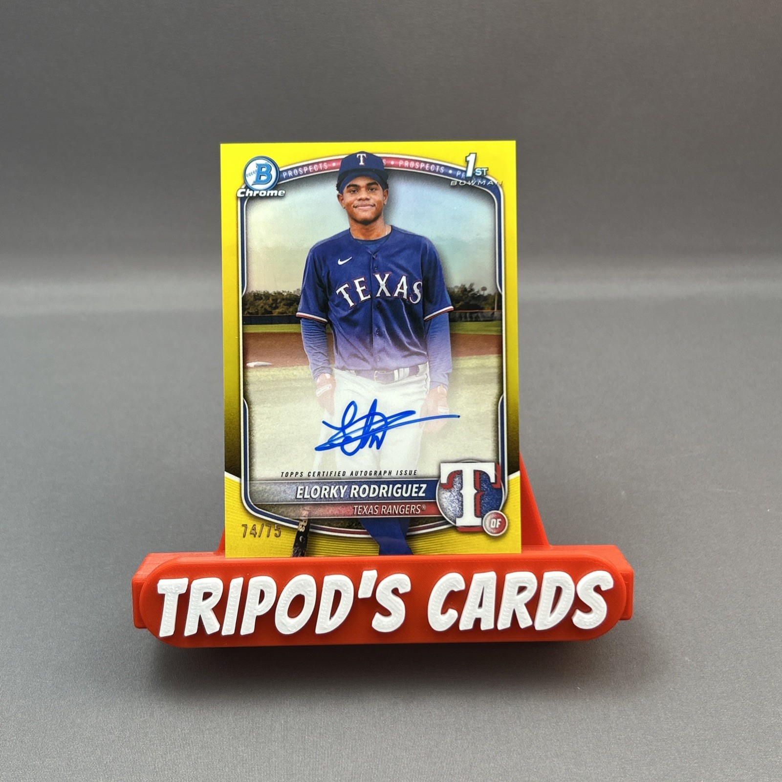 2025 Bowman Chrome 1st Elorky Rodriguez Yellow Refractor Auto #74/75 Tex Rangers