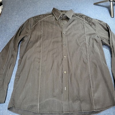 Roar Classic Men XL Black Textured Tribal Embroidered Button Down Shirt Long Slv