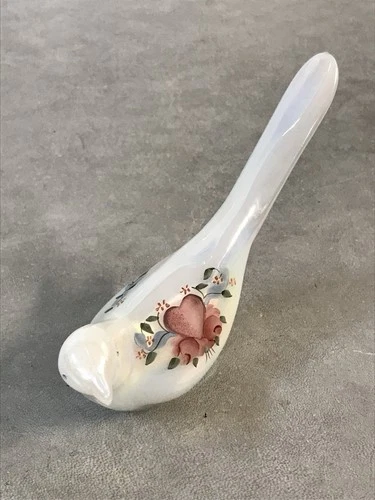 FENTON White Satin Happiness Bird ~ Hand painted  Heart & Flowers - Signed