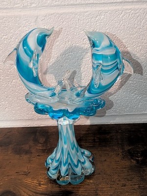 Dolphins on Wave Statue Figure 9'' Murano Style Art Glass Blue and White