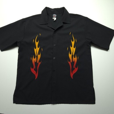 WD Sports Wear Mens Shirt Large Black Flame After Hours Camp Bowling Rockabilly