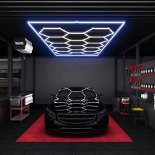 Hexagon LED Lights 14pc Set –Blue Border Ceiling Grid for Modern Salon or Garage