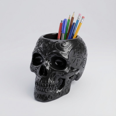 Life-Size Realistic Human Skull Pen & Pencil Holder - Black