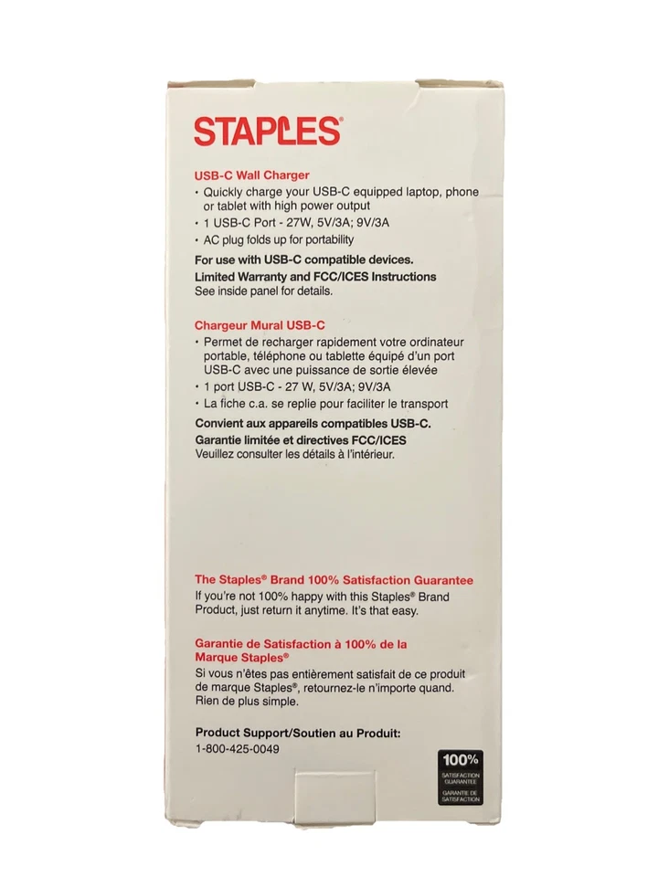 Staples USB-C White Wall Charger. 27W - 1 port (52343)charge phone tablet. New - Imagem 2 de 3