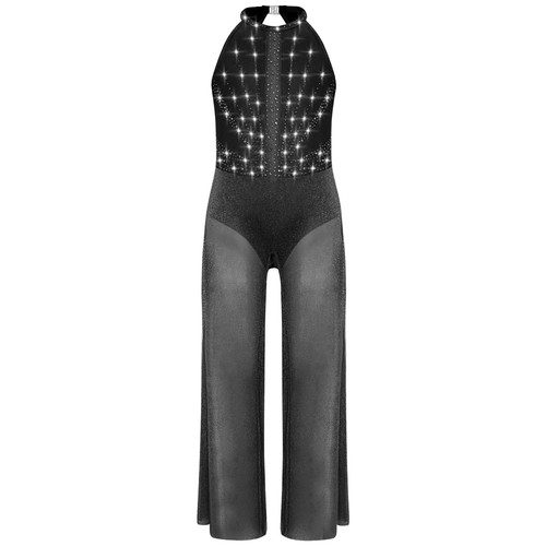 Kids Girls Dancewear Pants Jumpsuit Back Bodysuit Party Rhinestones Sparkly - Picture 47 of 81