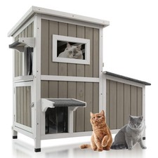 Outdoor Weatherproof Two Story Wooden Cat House 3 Escape Doors Asphalt Roof Grey