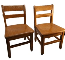 Vintage Solid Oak Wood School Chair Child Size Saddle Seat Classroom Set of 2
