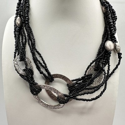 Vintage 80er Silvana mehrsträngige schwarze Perlen & Silber Halskette Schmuck