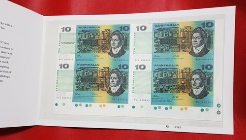 1991 AUSTRALIAN $10 UNCUTBLOCK OF 4 FRASER/COLE BLACK OVERPINT INTERNATIONL FAIR - Picture 7 of 10