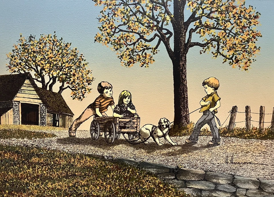 H Hargrove 3 niños con cachorro tirando de un vagón 12 X 16 lona estirada solamente Foto 2 de 4