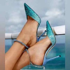 JIMMY CHOO SAEDA OMBRE TURQUOISE PEACOCK CRYSTAL PUMPS 37 40 I LOVE SHOES 100MM