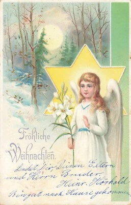 Joyeux Noël pleine lune étoile ange enfant fleur carte postale postcard 1903 - Photo 1/2