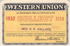 WESTERN UNION TELEGRAPH COLLECT 1932 RAILROAD RAILWAY PASS