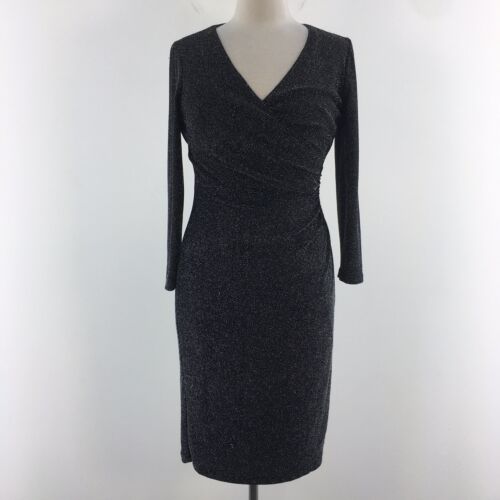 NWT Chaps Black Shimmery Long Sleeve V Neck Midi Dress Womens Size 4 - Picture 1 of 8