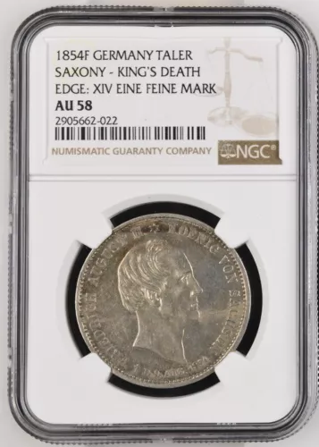 German States Saxony Thaler 1854-F Death of King Friedrich August II NGC AU58