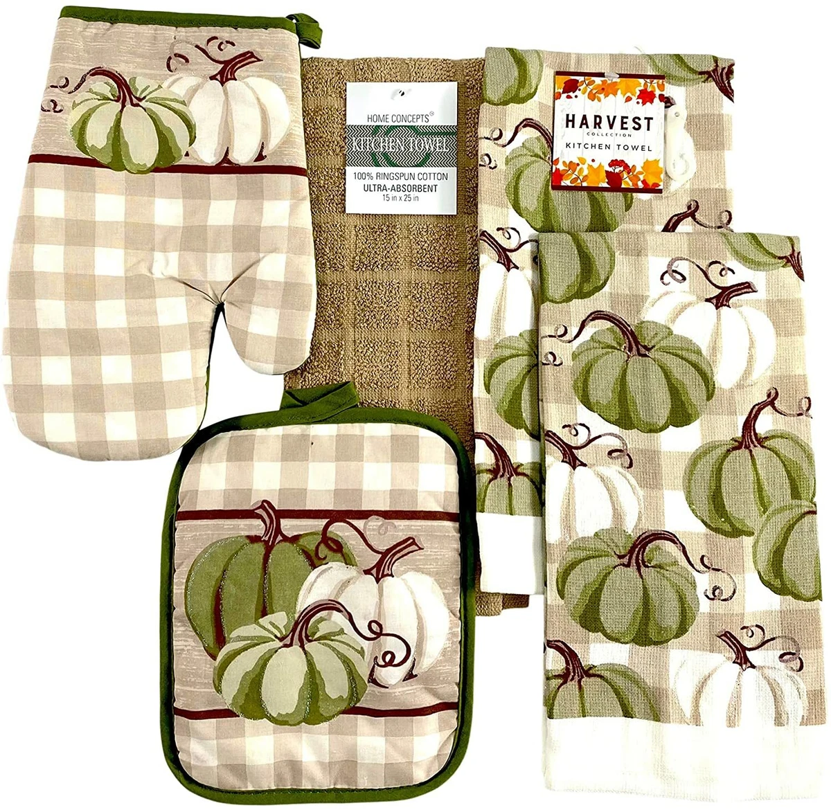 Farmhouse Fall Decor Kitchen Towels and Pot Holder Set Green and White  Pumpkins