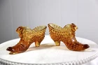 Fenton Vintage Colonial Amber Hobnail Cat Head  Glass Slipper Figurine (2) 1969