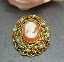 alte Modeschmuck Brosche Gemme Kamee Vintage Anstecknadel oval Perlen