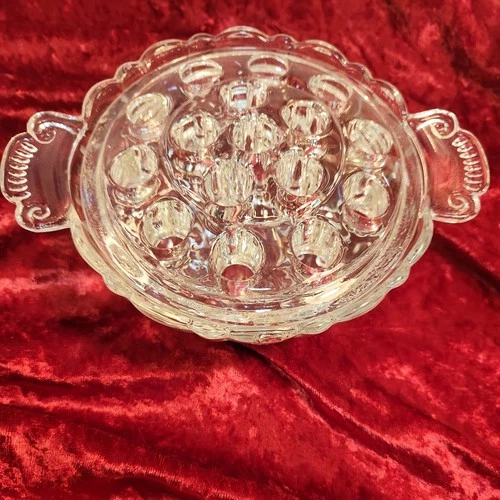 Vintage Clear Depression Glass Handled Bowl Vase & Glass Floral Frog 16 Holes
