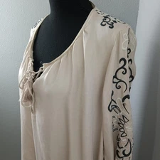 Odd Molly Blouse Womens 4 Beige Embroidered Boho Peasant Top Tassels 716T-563