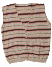 Vintage Mens Sleeveless Cardigan Sweater Large Beige Striped Cotton AE16