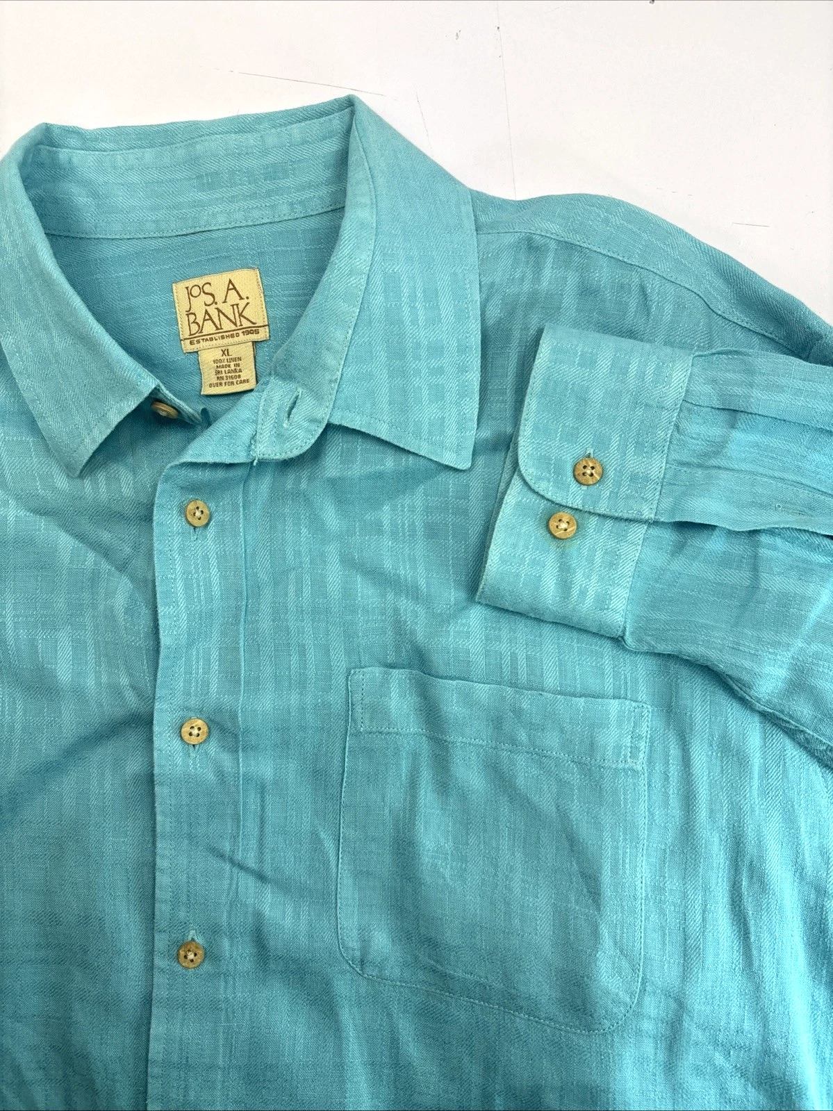Jos A Bank Shirt Mens XL Teal Blue Button Up Long Sleeve 100 Linen Casual Preppy