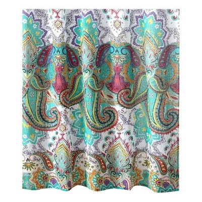 Benjara Vana 72'' Shower Curtain- Microfiber Fabric- Blue & Red Paisleys Print
