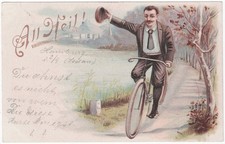 vecchia cartolina litografica, All Heil, ciclista, viaggiata 1897