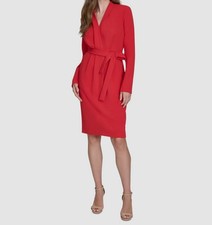 Halston Women's Red Scuba-Crepe V-Neck Long Sleeve Self-Tie Dress Size 14