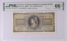 Greece 1000 Drachmai 1942 P# 118  💲 S.N. # 393333 💲 Gem UNC PMG 66 EPQ