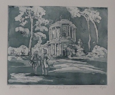 Radierung Horst Uhlemann handsigniert Original Friedrich 2.und Voltaire  24 x 31